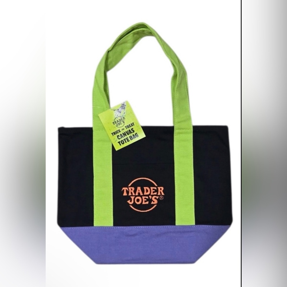 Trader Joe's Black Canvas Mini Tote Bag with Green Handles and Purple Base